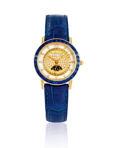 宝珀 18K黄金 女款自动上弦珠宝腕表 月相 年历显示 蓝宝石表圈