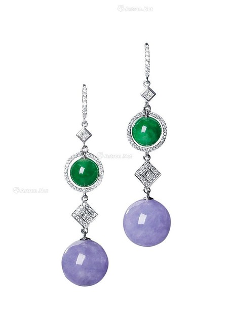 天然紫罗兰翡翠配满绿翡翠及钻石耳环