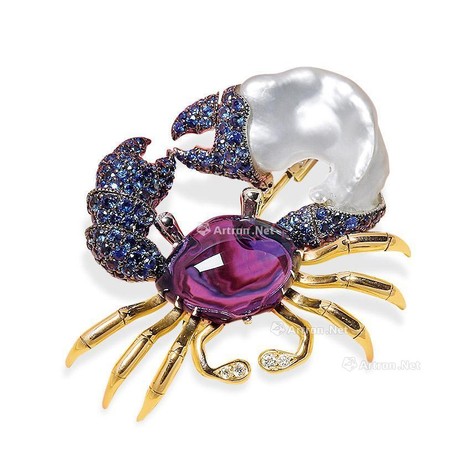 Autore出品 天然紫水晶配蓝宝石、珍珠及钻石「螃蟹」胸针（可做吊坠）