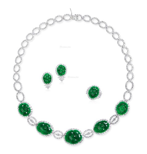 天然满绿翡翠山茶花配钻石项链、耳环及戒指套装