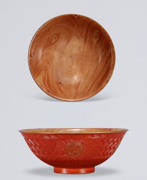木纹釉仿剔红团寿碗