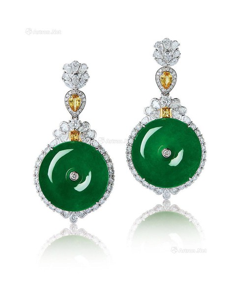 缅甸天然满绿翡翠配钻石「平安扣」耳环