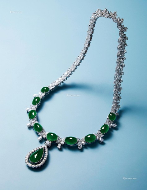 缅甸天然满绿翡翠配钻石项链
