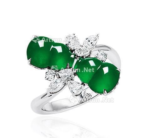 天然满绿翡翠双葫芦配钻石戒指