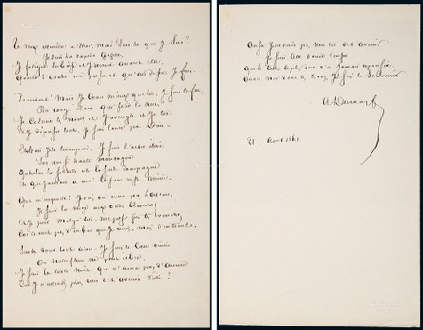 “法国著名剧作家”小仲马（Alexandre Dumas，fils）亲笔诗歌手稿，附证书