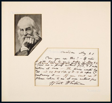 “美国著名诗人”沃尔特·惠特曼（Walt Whitman）亲笔信，附证书