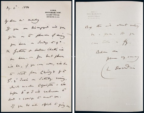 “进化论奠基人”查尔斯·达尔文（Charles Darwin）致友人邀请博学家高尔顿一起参观的亲笔信