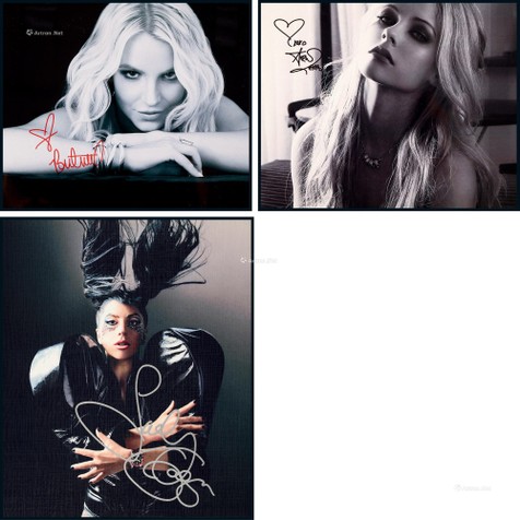 “著名女歌星”布兰妮·斯皮尔斯（Britney Spears）、Lady Gaga、艾薇儿·拉维尼（Avril Lavigne）亲笔签名照一组3张，附证书