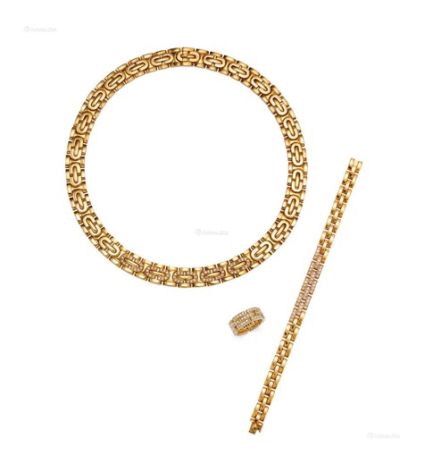 卡地亚设计 K黄金镶钻石项链、手链及戒指套装