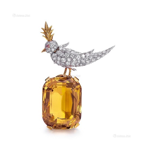 Jean Schlumberger为蒂芙尼设计 黄水晶配 钻石及粉色蓝宝石「BIRD ON A ROCK」胸针