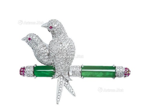 缅甸天然满绿翡翠配钻石及粉色蓝宝石「小鸟」胸针