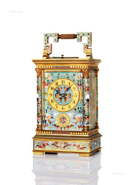法国 精美，铜质珐琅机械小台钟，备闹铃功能