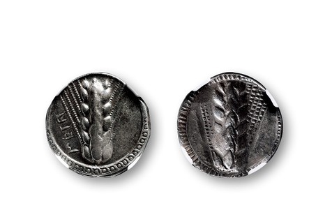 古希腊梅塔蓬城邦大麦穗标准重银币一枚