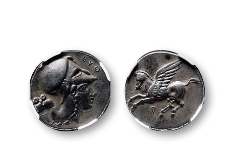 古希腊柯林斯雅典娜及飞马两德拉克马银币一枚
