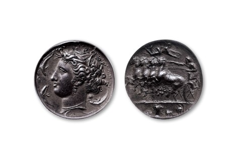 古希腊西西里岛叙拉古城邦十德拉克马银币一枚