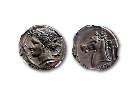 古希腊西西里岛殖民迦太基四德拉克马银币一枚