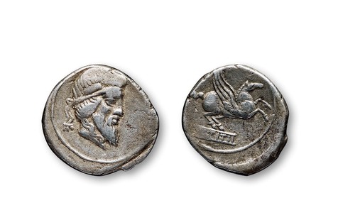 古罗马共和时代生殖器之神普利亚普斯一第纳尔银币一枚