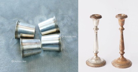 19世纪纯银酒杯四件与纯银烛台
