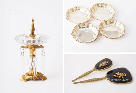 20世纪镀银餐盘、鎏金双层流苏置物盘、Matson 24k 鎏金梳妆刷、手持镜等七件