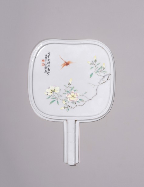 潘陶宇 粉彩扇形花鸟瓷板