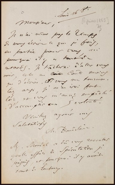 “象征派诗歌先驱” 波德莱尔（Charles Baudelaire）晚年有关债务困境的亲笔信，附证书