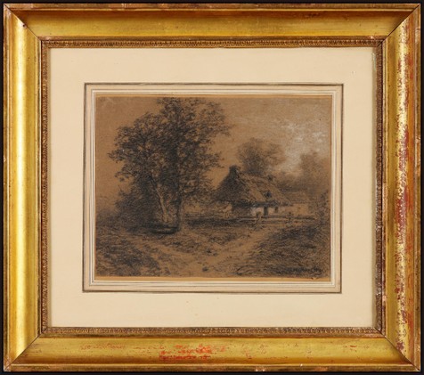 “巴比松画派领袖人物、法国著名风景画家”西奥多·卢梭（Théodore Rousseau）素描《林中茅屋》，附证书