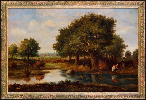 “法国著名巴比松画派画家”纳西斯·迪亚兹·德拉潘（Narcisse Díaz de la Pena）油画《湖边拾柴》，附证书