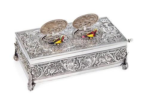 欧洲 银质 长方型乐器题材雕花双鸟鸟音盒