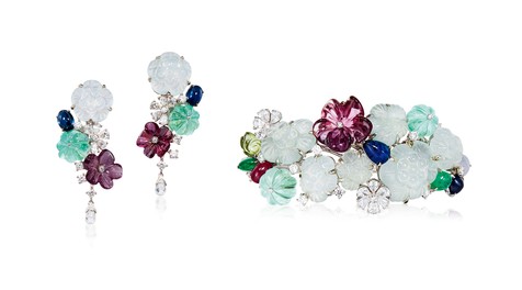 秦依依设计 「和光吉维尼」缅甸天然冰种翡翠配彩色宝石及钻石手镯及耳环套装