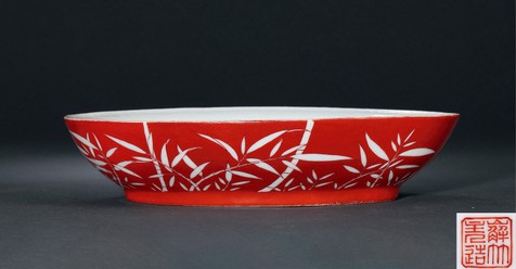 珊瑚红竹纹水仙盒