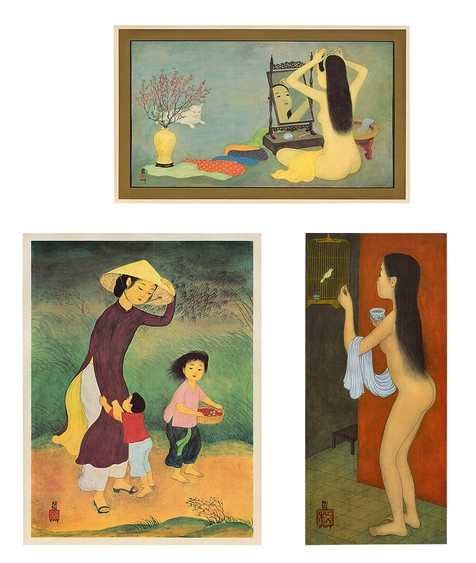 三件作品：（i）女子与镜；（ii）女子与两孩子；（iii）女子与鸟