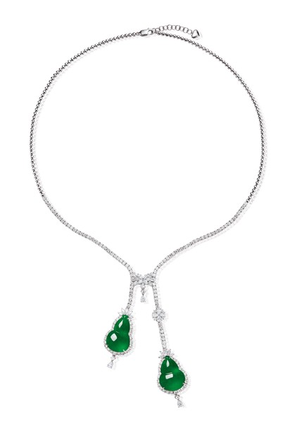 缅甸天然满绿翡翠「葫芦」配钻石项链