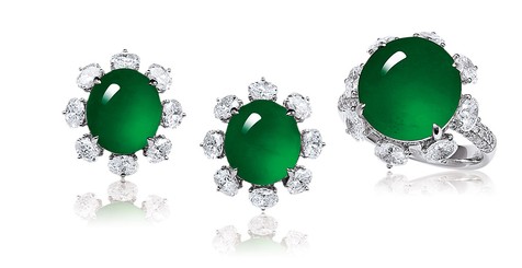 缅甸天然满绿翡翠蛋面配钻石戒指及耳环套装