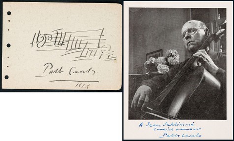 “大提琴之父” 卡萨尔斯（Pablo Casals）亲笔签名照及手书巴赫《C大调第三号大提琴组曲》乐谱，附证书