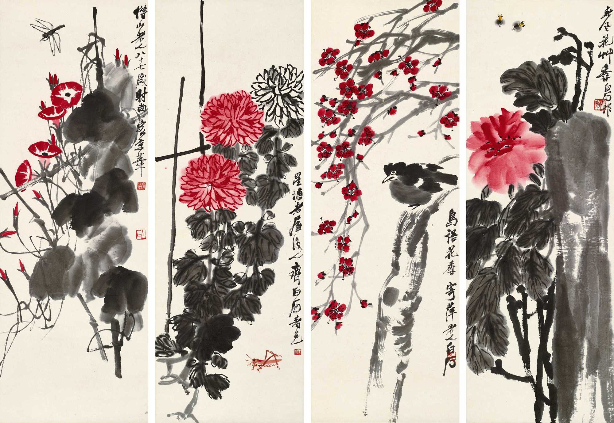 齐白石 鸟语花香四屏 镜心