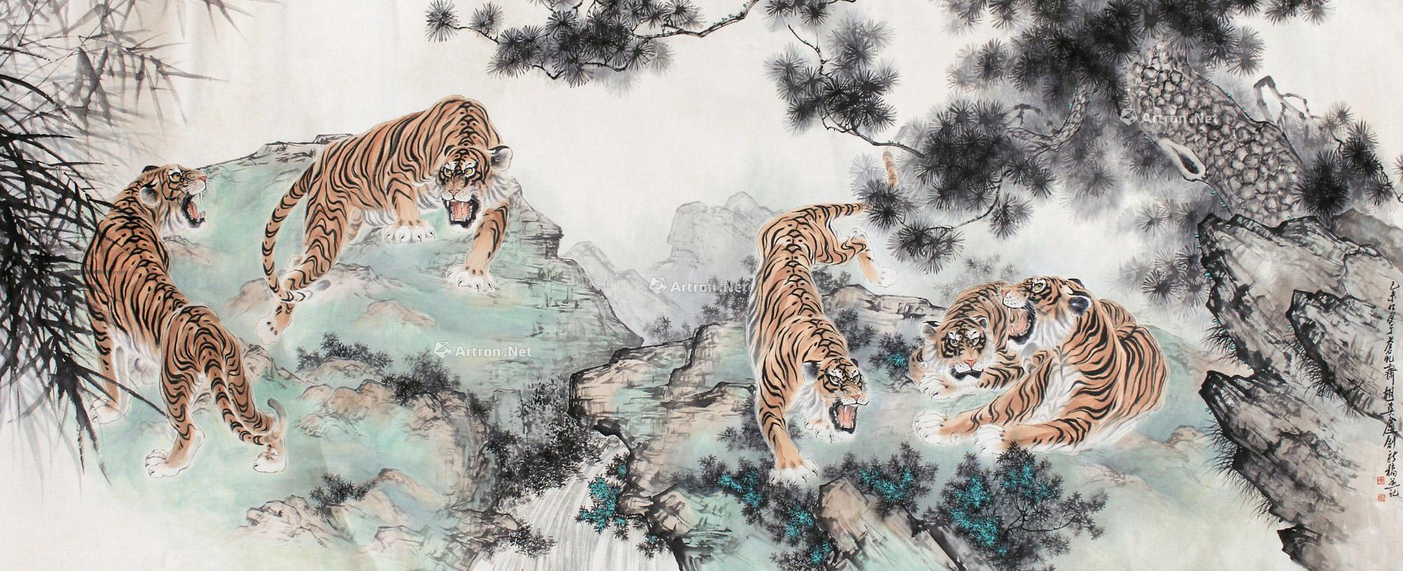 胡爽盦 五虎图 横幅