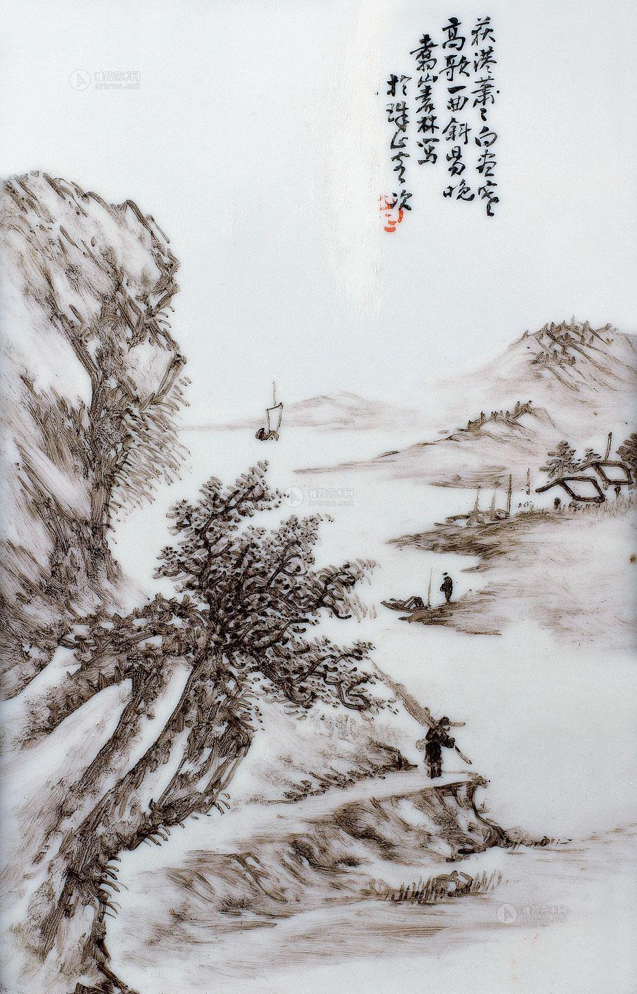 民国 袁林墨彩山水瓷板