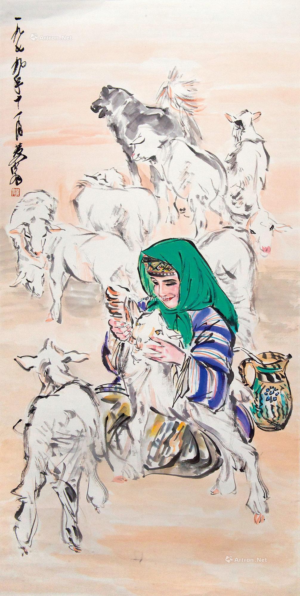 0027 1979年作 少女牧羊图 立轴 设色水墨纸本