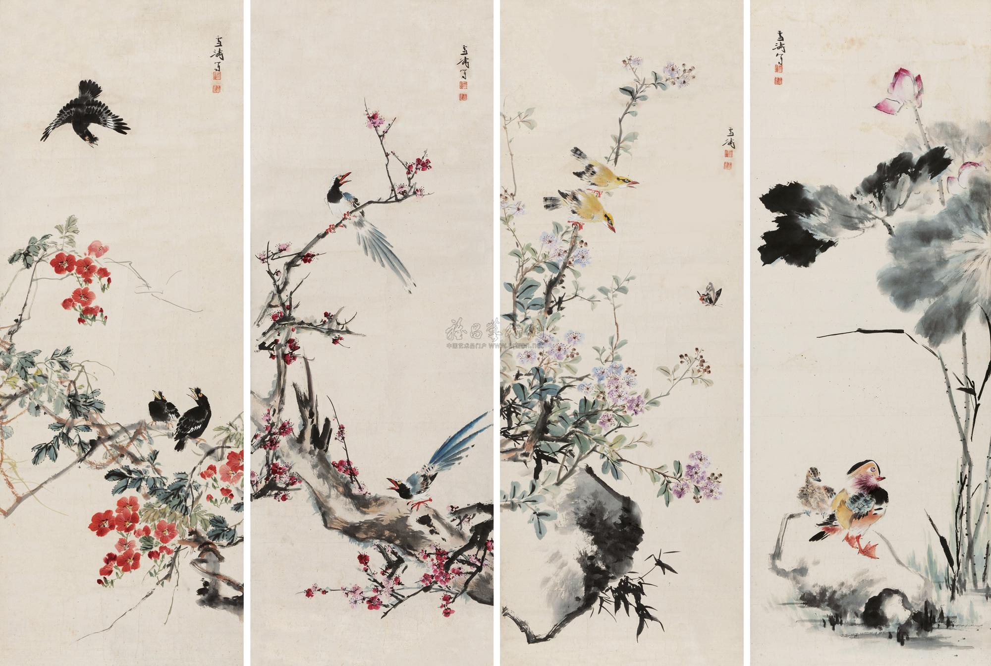 王雪涛 花鸟 四屏镜心