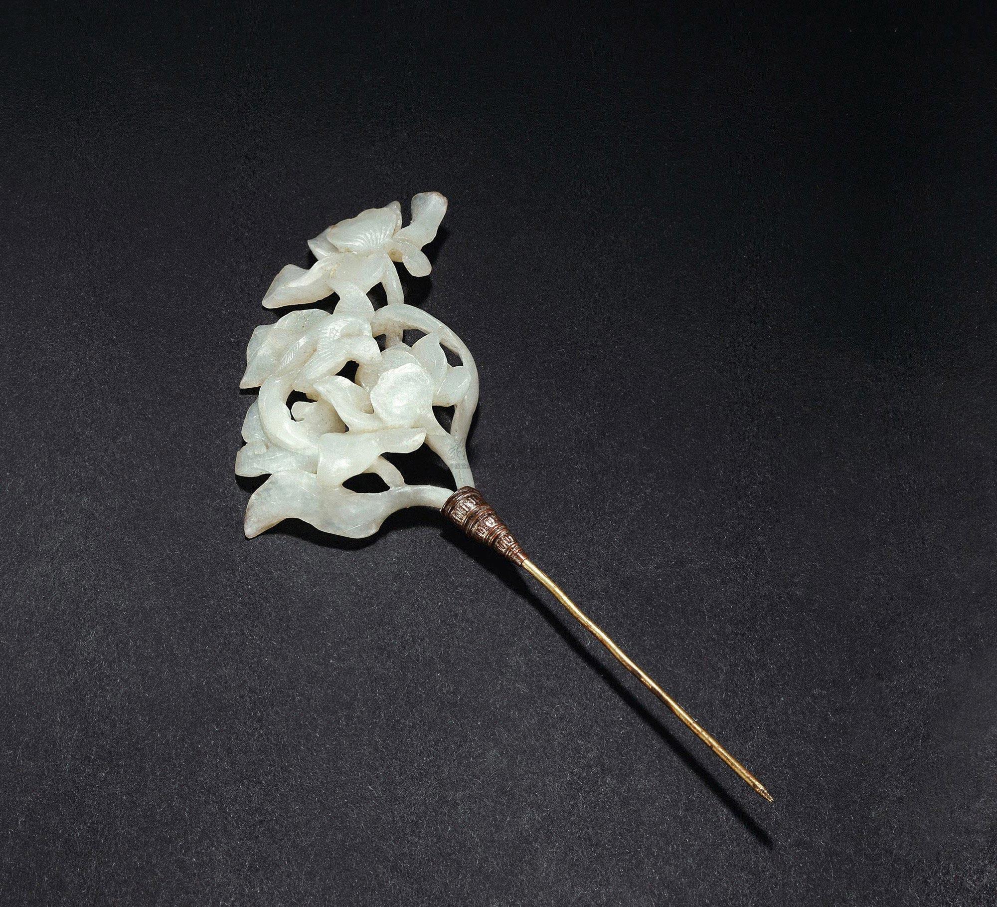 明或更早 白玉花鸟纹发簪