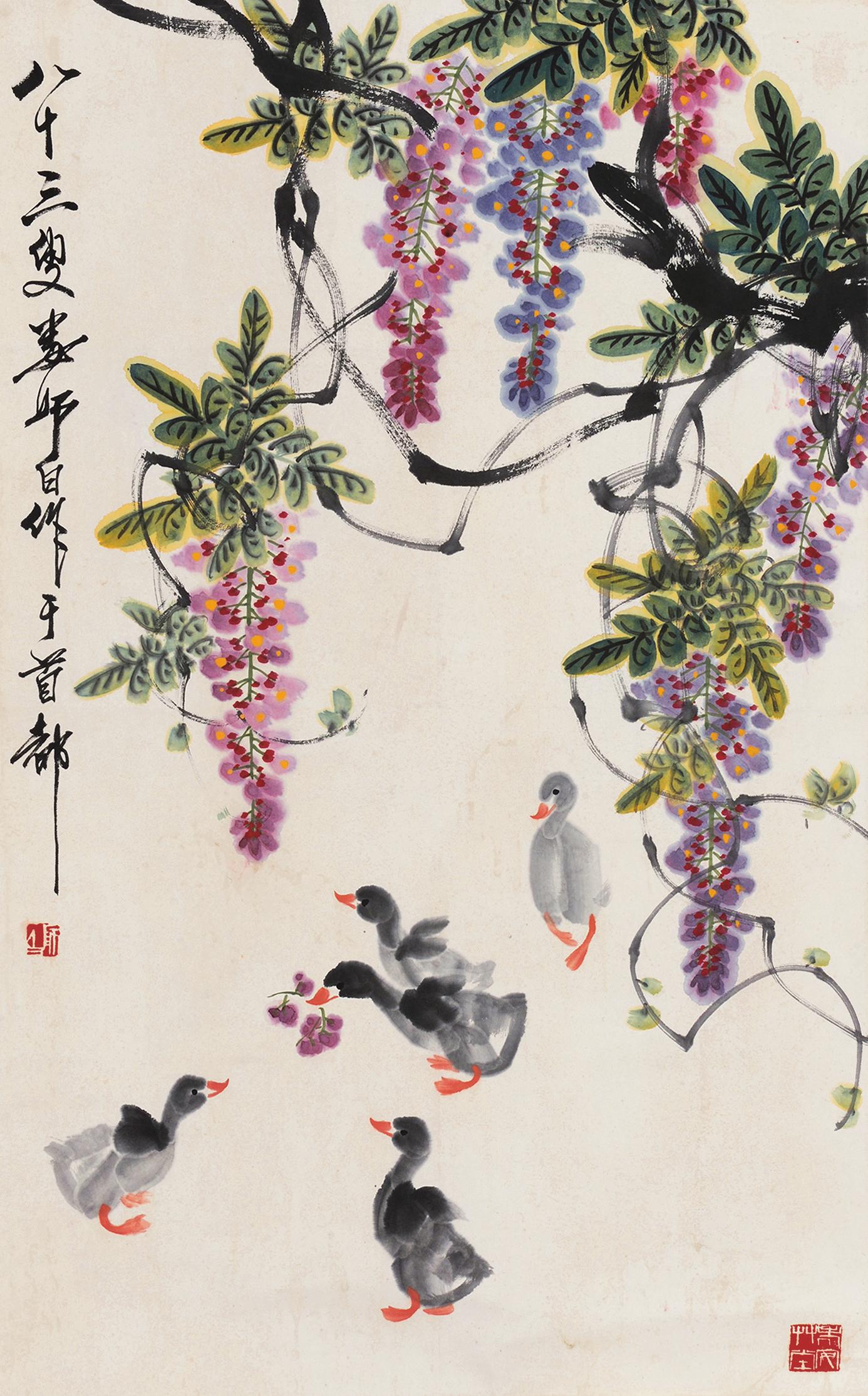 娄师白 紫藤小鸭 立轴