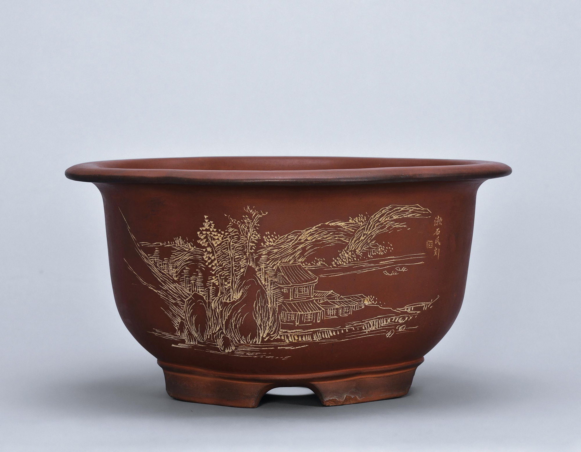 7090民国任淦庭刻山水楼阁诗文海棠形盆