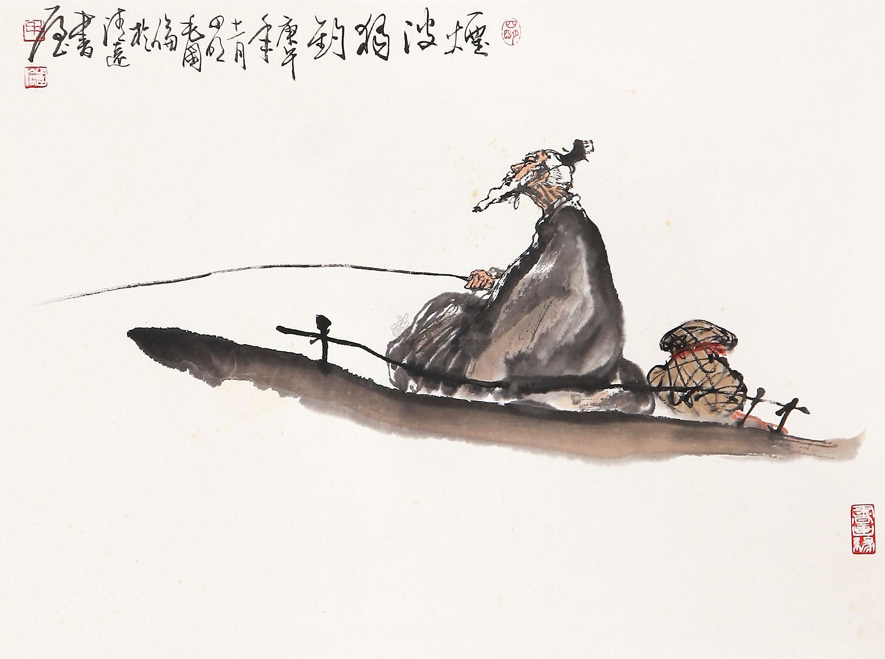 0108 1990年作 烟波独钓 轴 设色纸本