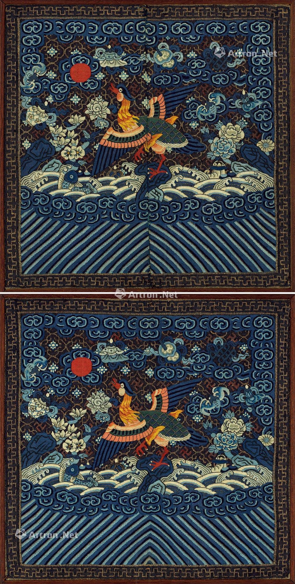 1046 清 缂丝七品文官鸂鶒补子 (一对)