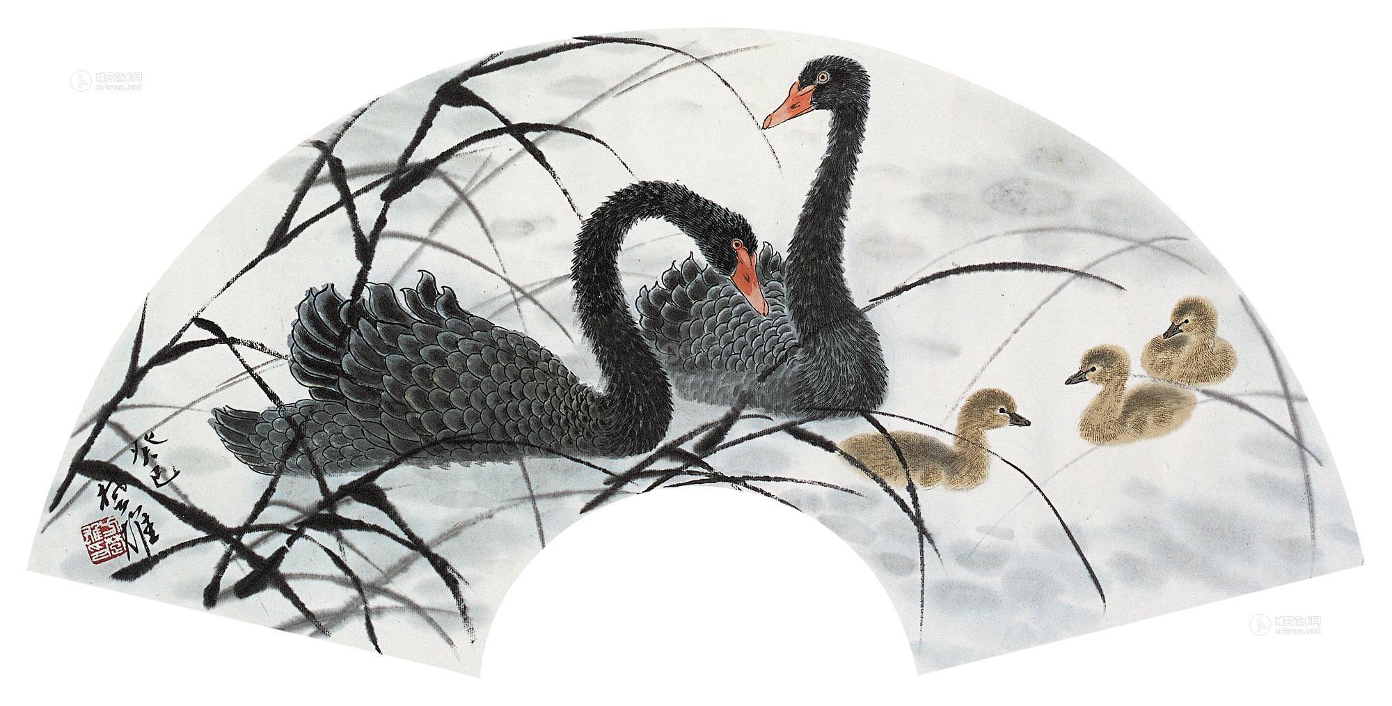 方楚雄 2013年作 黑天鹅 扇面