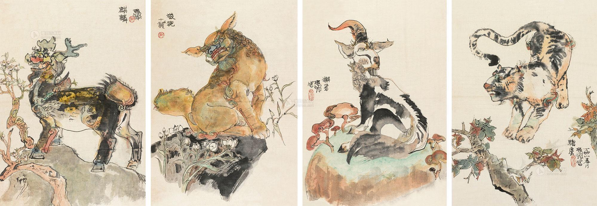 11621987年作瑞兽四帧镜心纸本