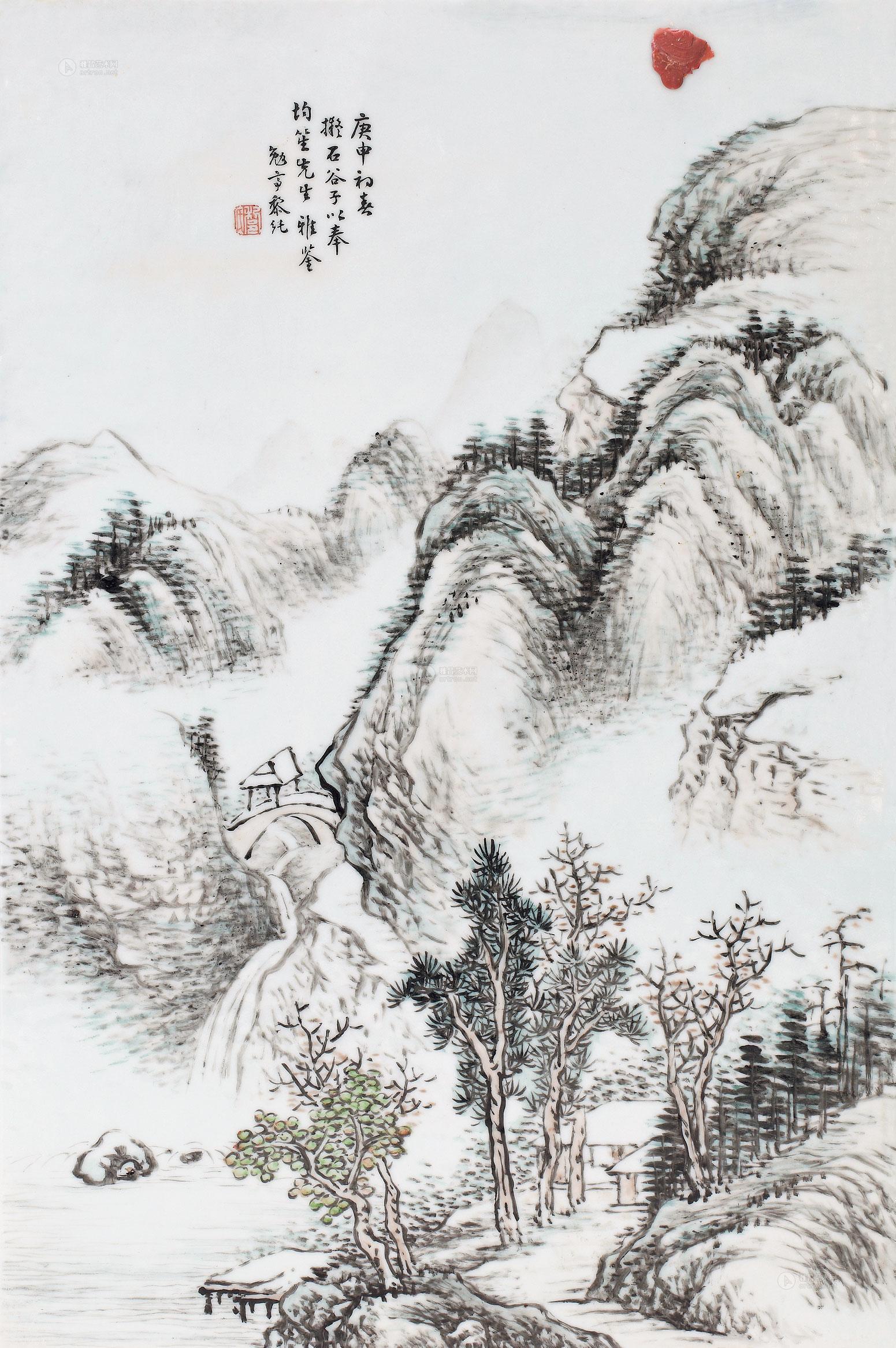 1920年作 清晚 黎勉亭 粉墨彩山水图瓷板