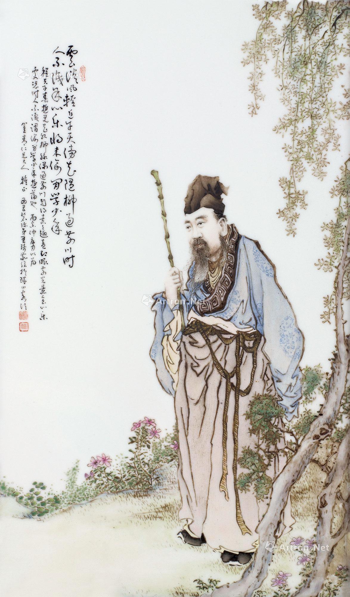 民国 王琦 粉彩夫子春游图瓷板