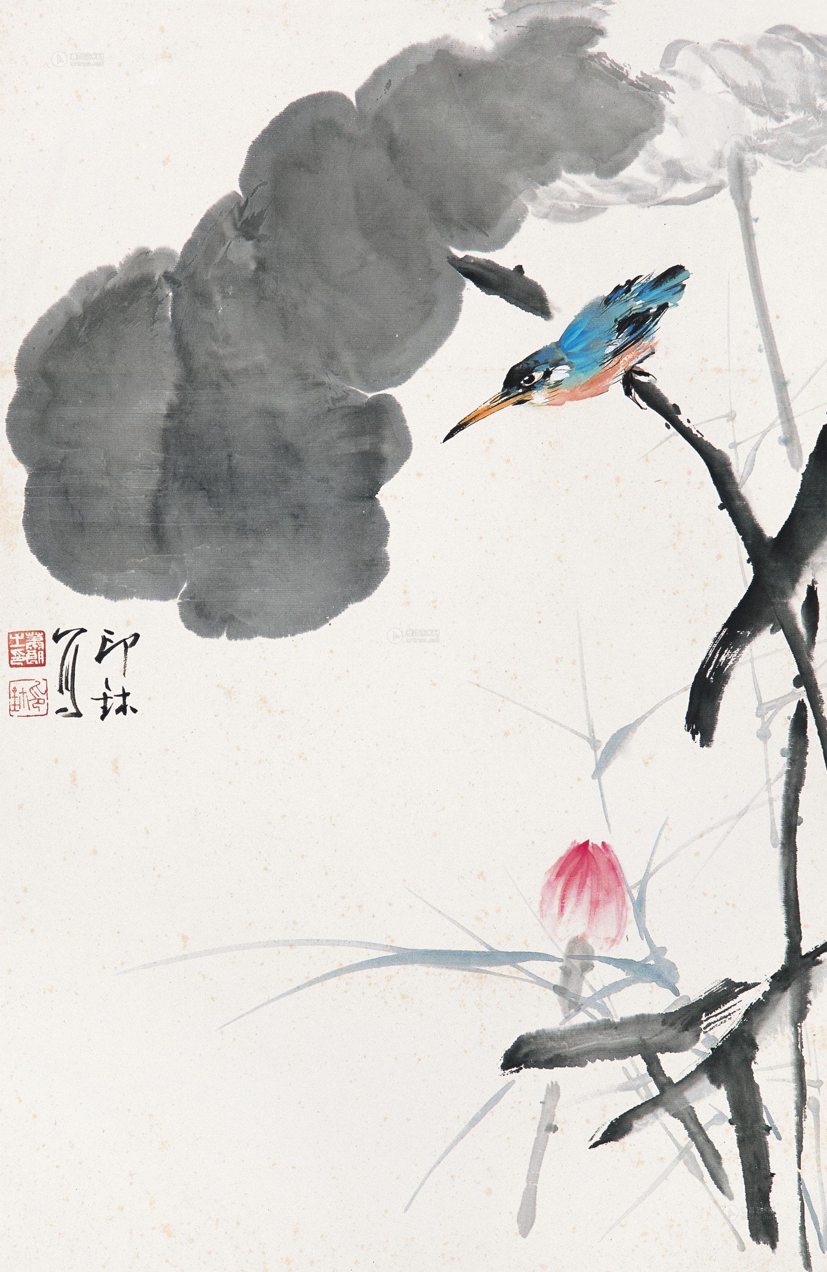 萧朗 荷花翠鸟 立轴