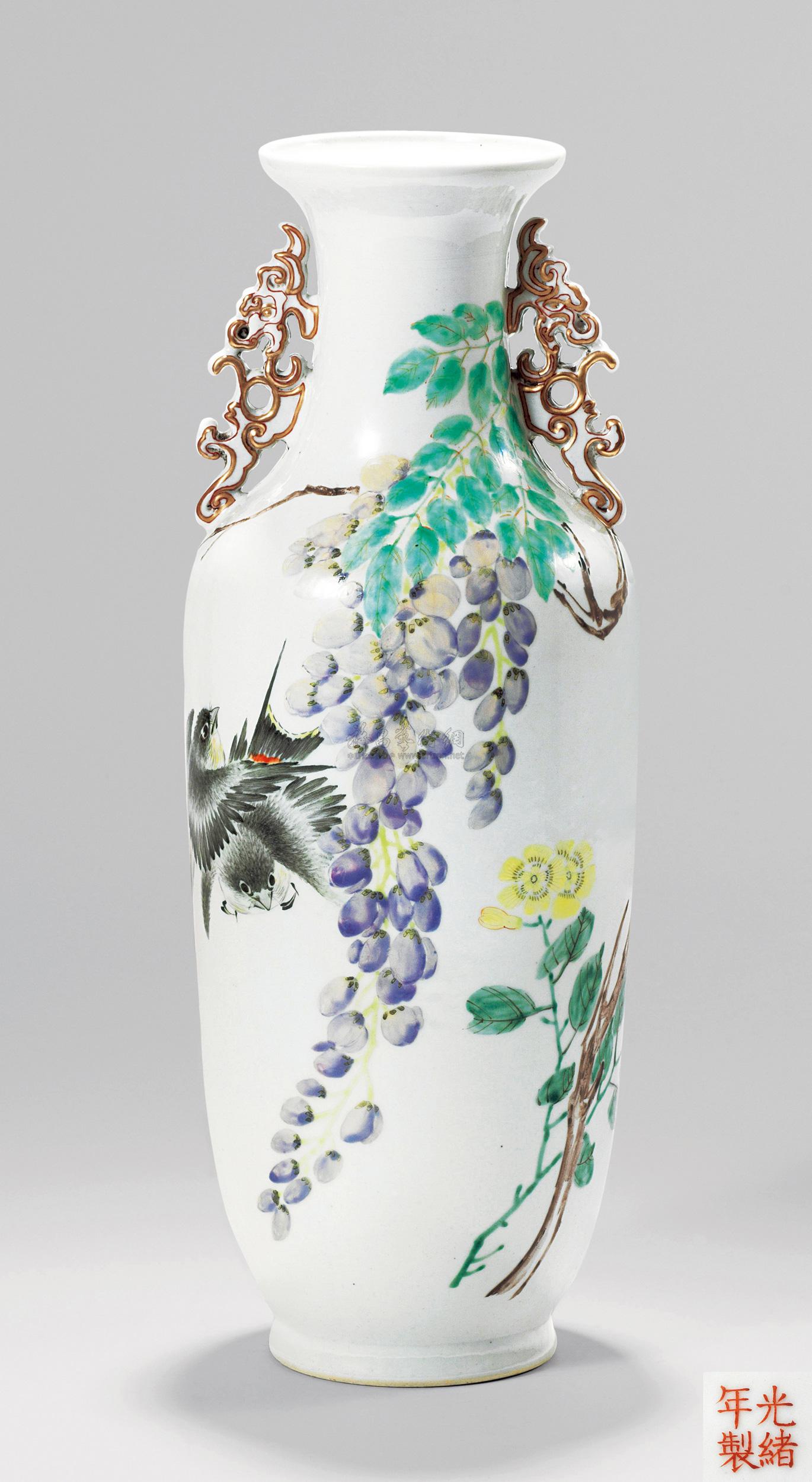 0534金品卿浅绛彩花鸟纹双耳瓶